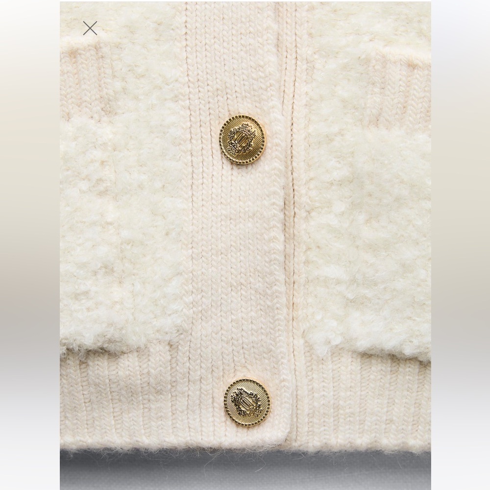 Zara BOUCLE knit cardigan sweater and bandeau set small ecru fuzzy teddy gold - Picture 6 of 13